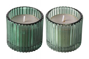 GUSTA Set dvou svíček v žebrovaném skle zelené