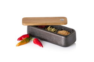AdHoc Zásobník na koření Spice box Potta litinový s dřevěným víkem délka 17cm